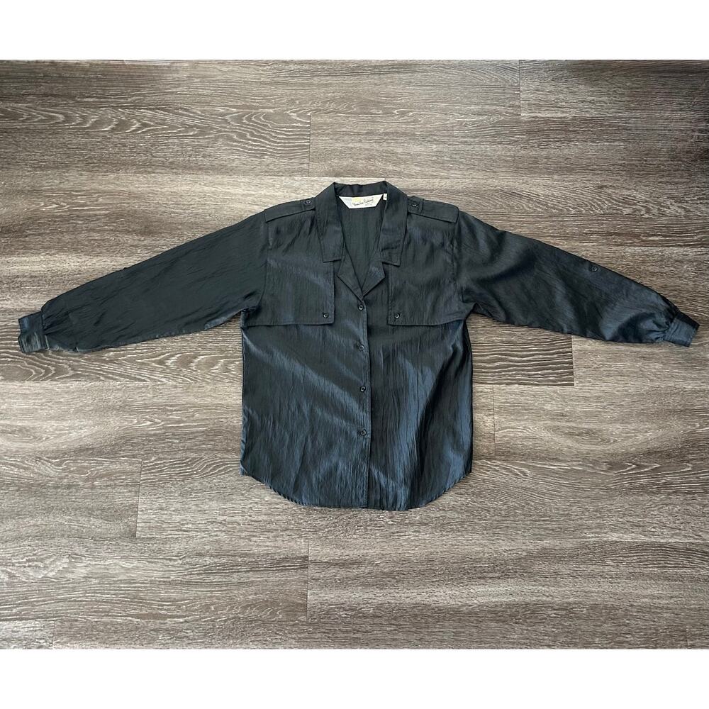 Vintage DVF Black Utility Blouse Size 10 Petite Button Down Top Y2K‎ Minimalist - Picture 10 of 16